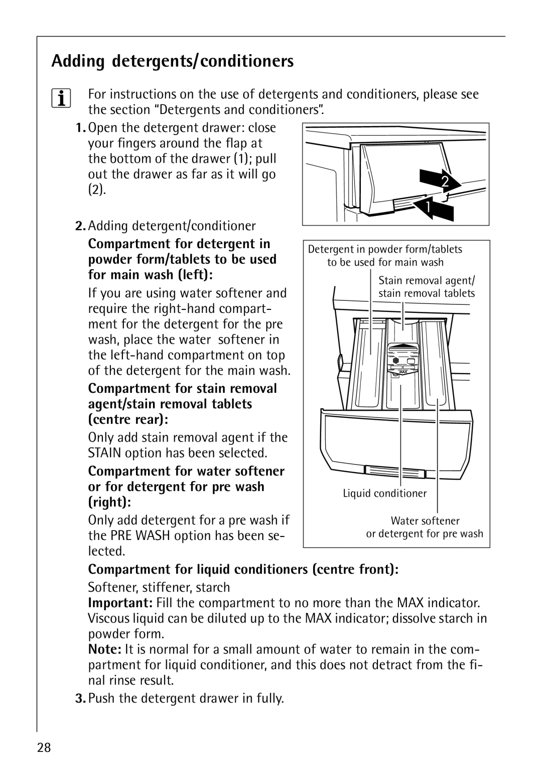Electrolux 1600 manual Adding detergents/conditioners, Adding detergent/conditioner 
