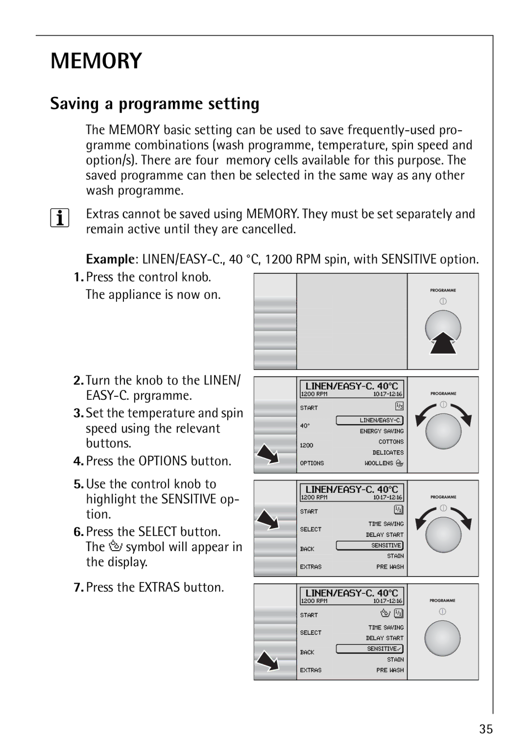 Electrolux 1600 manual Memory, Saving a programme setting 
