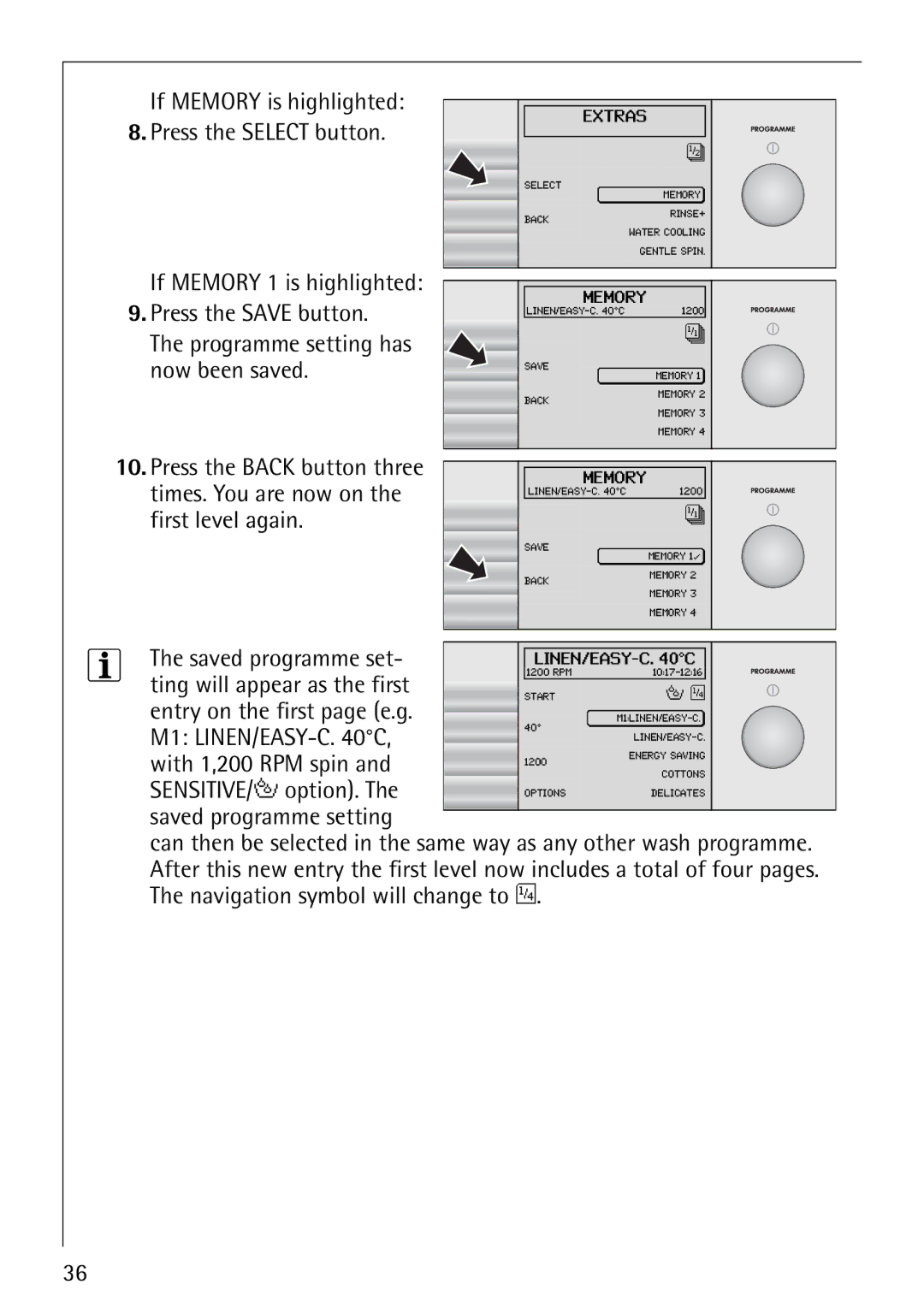 Electrolux 1600 manual If Memory is highlighted Press the Select button 