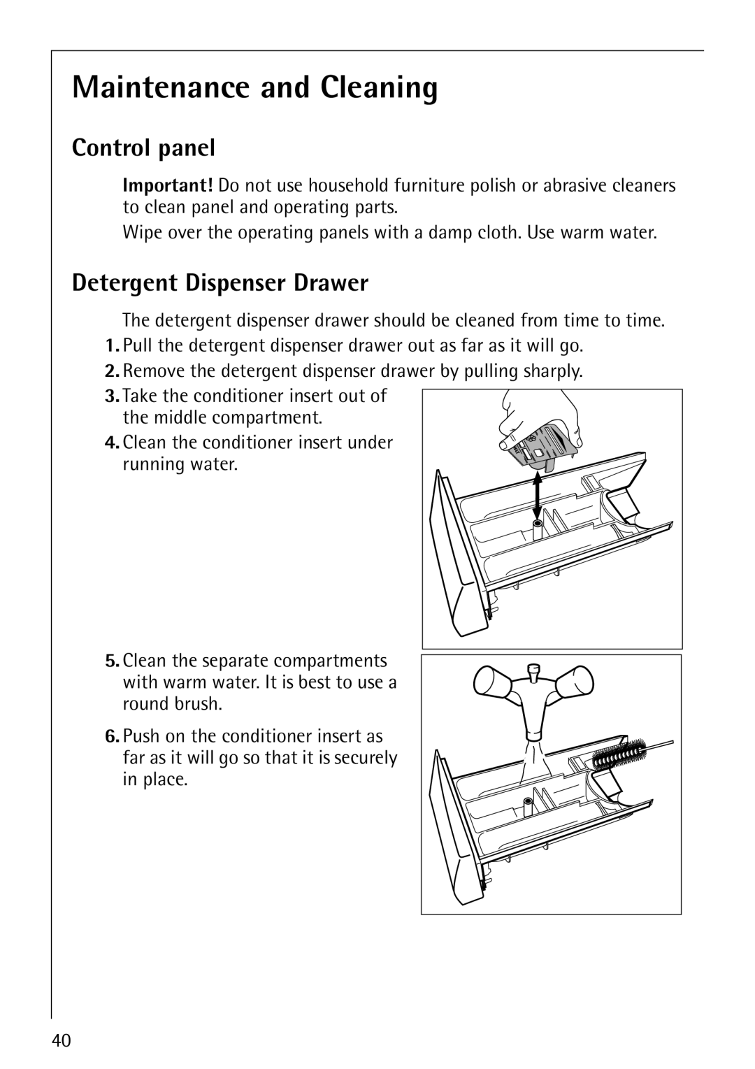 Electrolux 1600 manual Maintenance and Cleaning, Control panel, Detergent Dispenser Drawer 