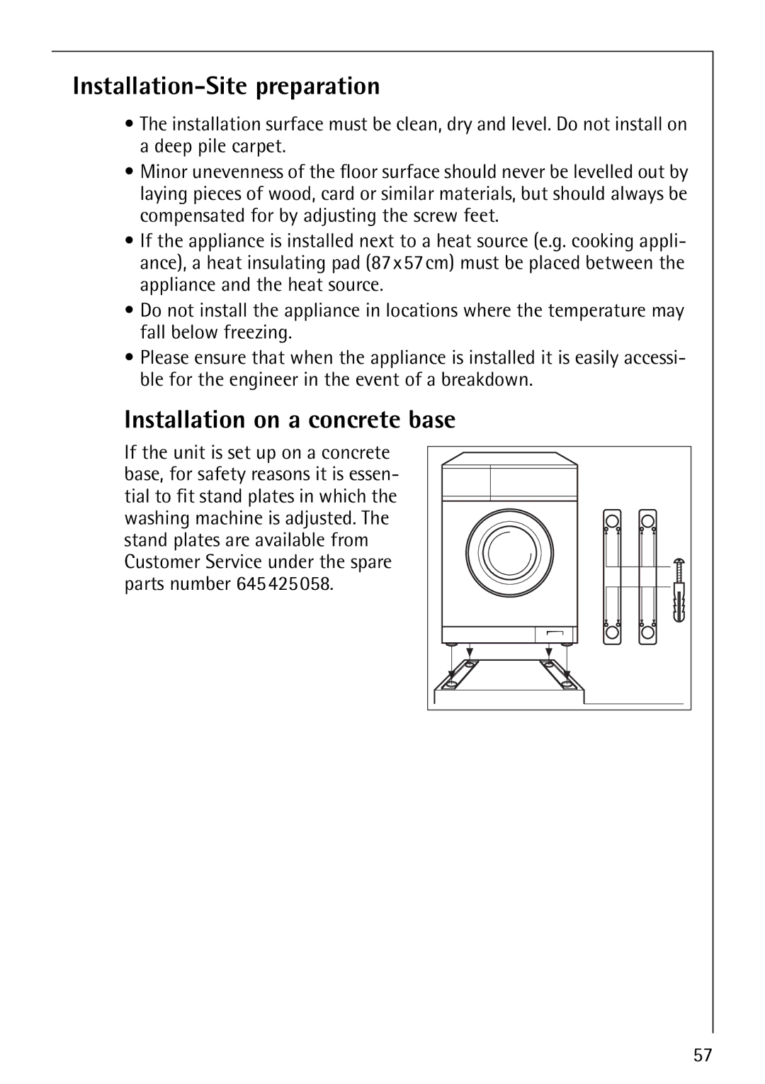 Electrolux 1600 manual Installation-Site preparation, Installation on a concrete base 