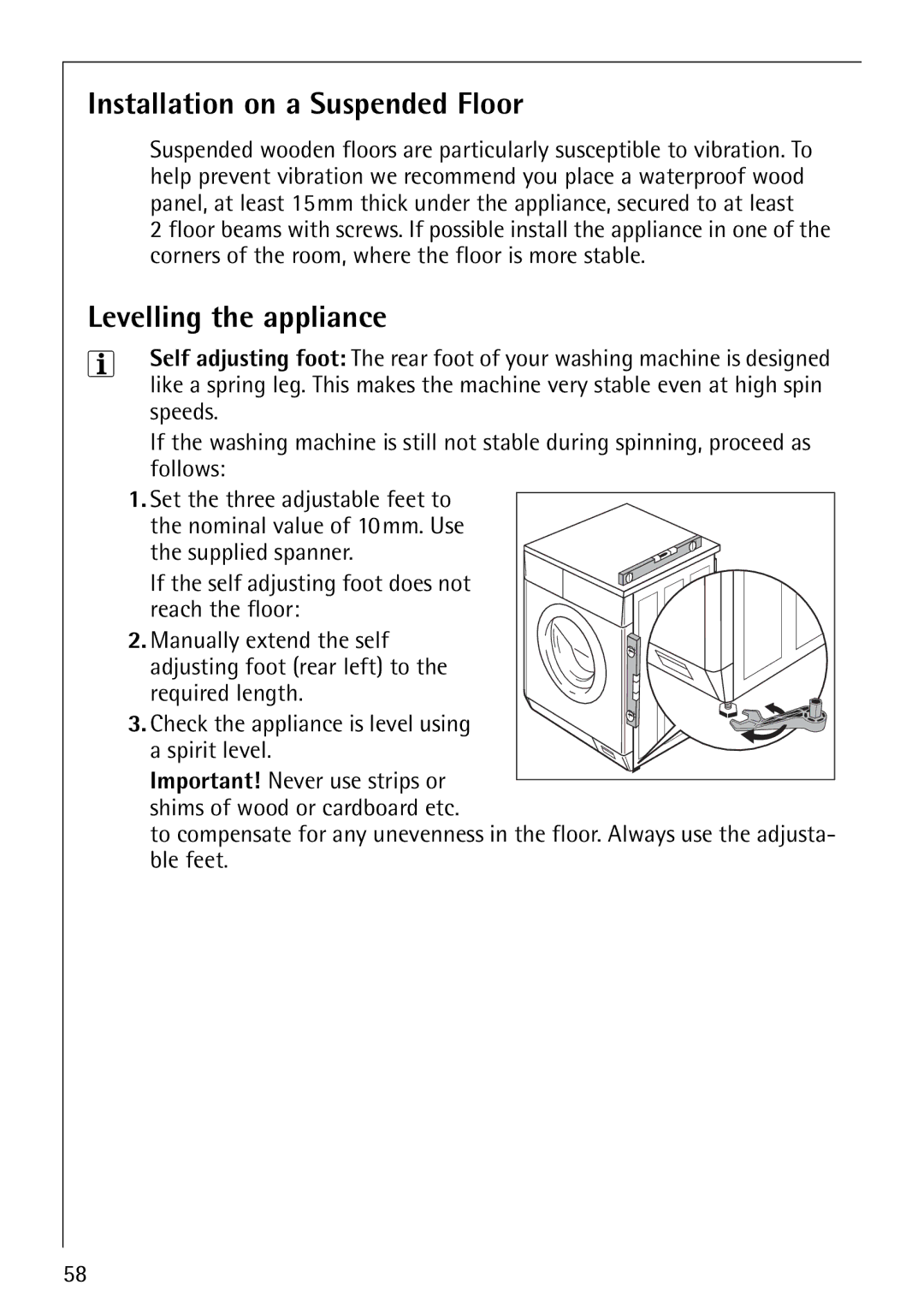 Electrolux 1600 manual Installation on a Suspended Floor, Levelling the appliance 