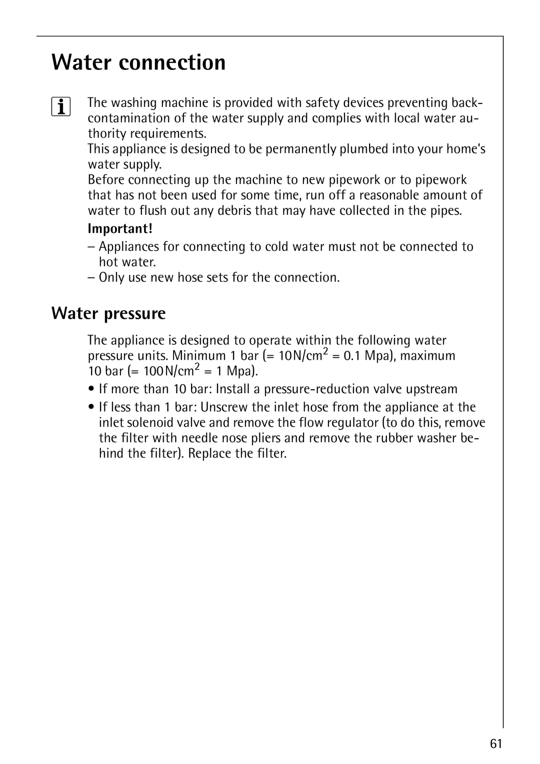 Electrolux 1600 manual Water connection, Water pressure 