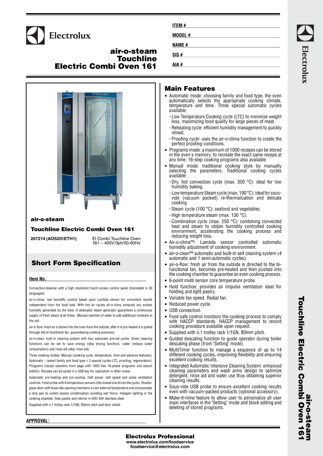 Electrolux 161 manual Main Features, Short Form Specification, Air-o-steam, Touchline Electric Combi Oven 