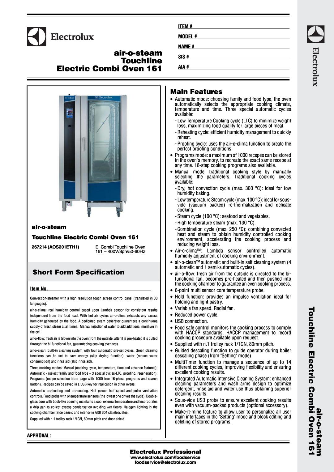 Electrolux 161 manual air-o-steam Touchline Electric Combi Oven, Main Features, Short Form Specification 