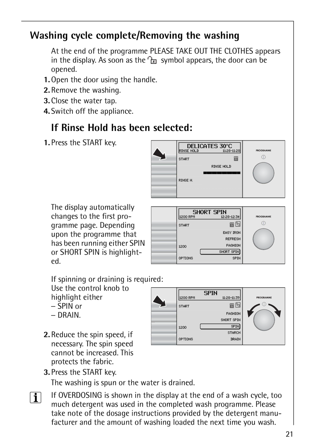 Electrolux 1620 manual Washing cycle complete/Removing the washing, If Rinse Hold has been selected 