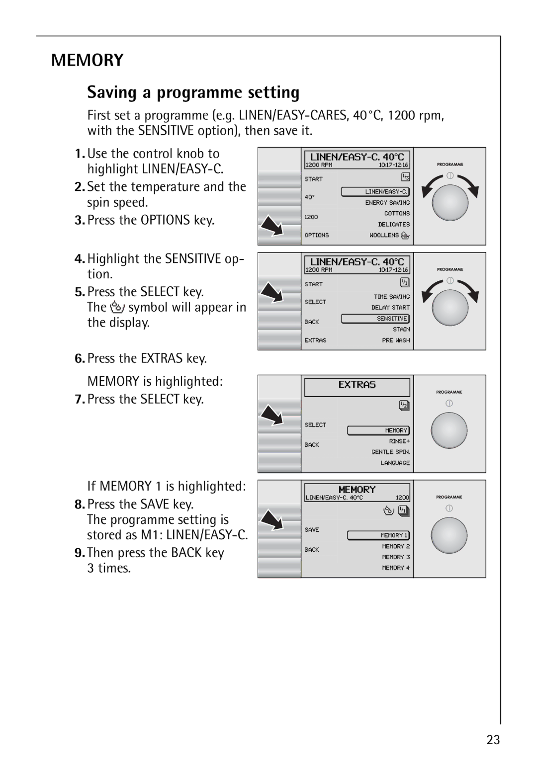 Electrolux 1620 manual Saving a programme setting, Press the Save key, Then press the Back key 3 times 