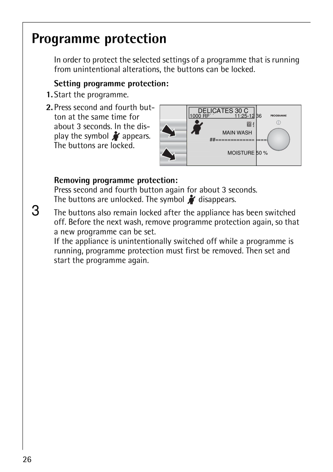 Electrolux 1620 Programme protection, Setting programme protection, Start the programme, Removing programme protection 