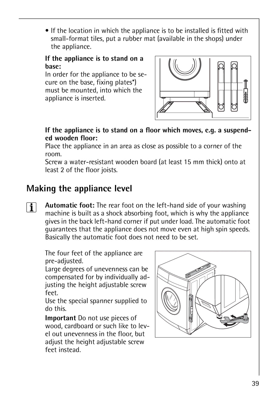 Electrolux 1620 manual Making the appliance level, If the appliance is to stand on a base 