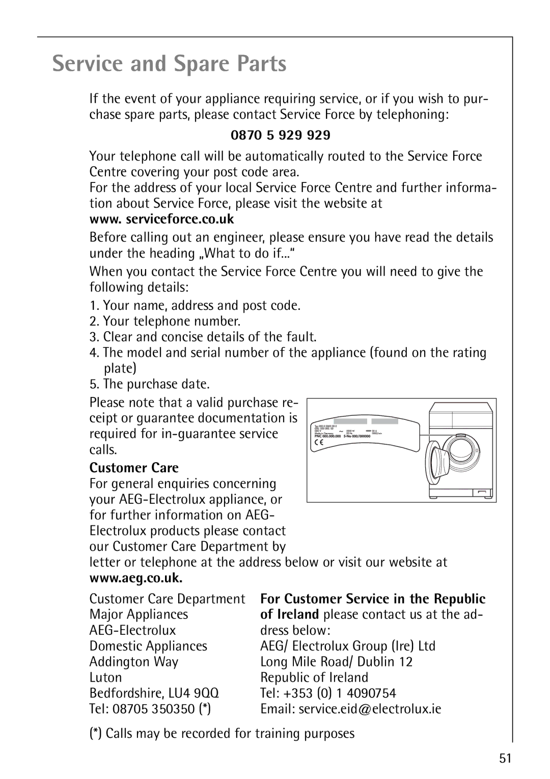 Electrolux 1620 manual 0870 5 929, Customer Care, For general enquiries concerning, Major Appliances 