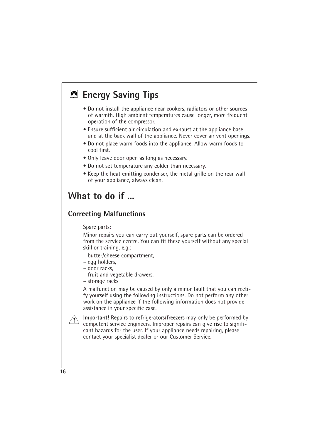 Electrolux 1673-4 TK manual Energy Saving Tips, What to do if, Correcting Malfunctions 