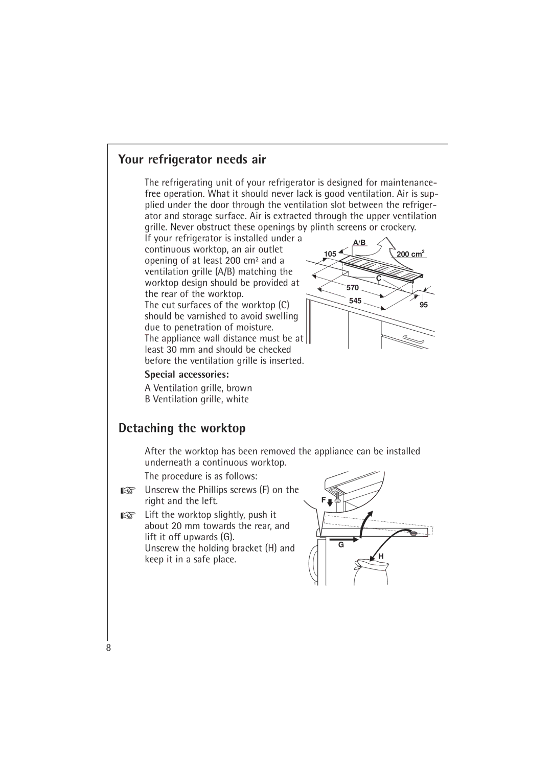 Electrolux 1673-4 TK manual Your refrigerator needs air, Detaching the worktop, Special accessories 