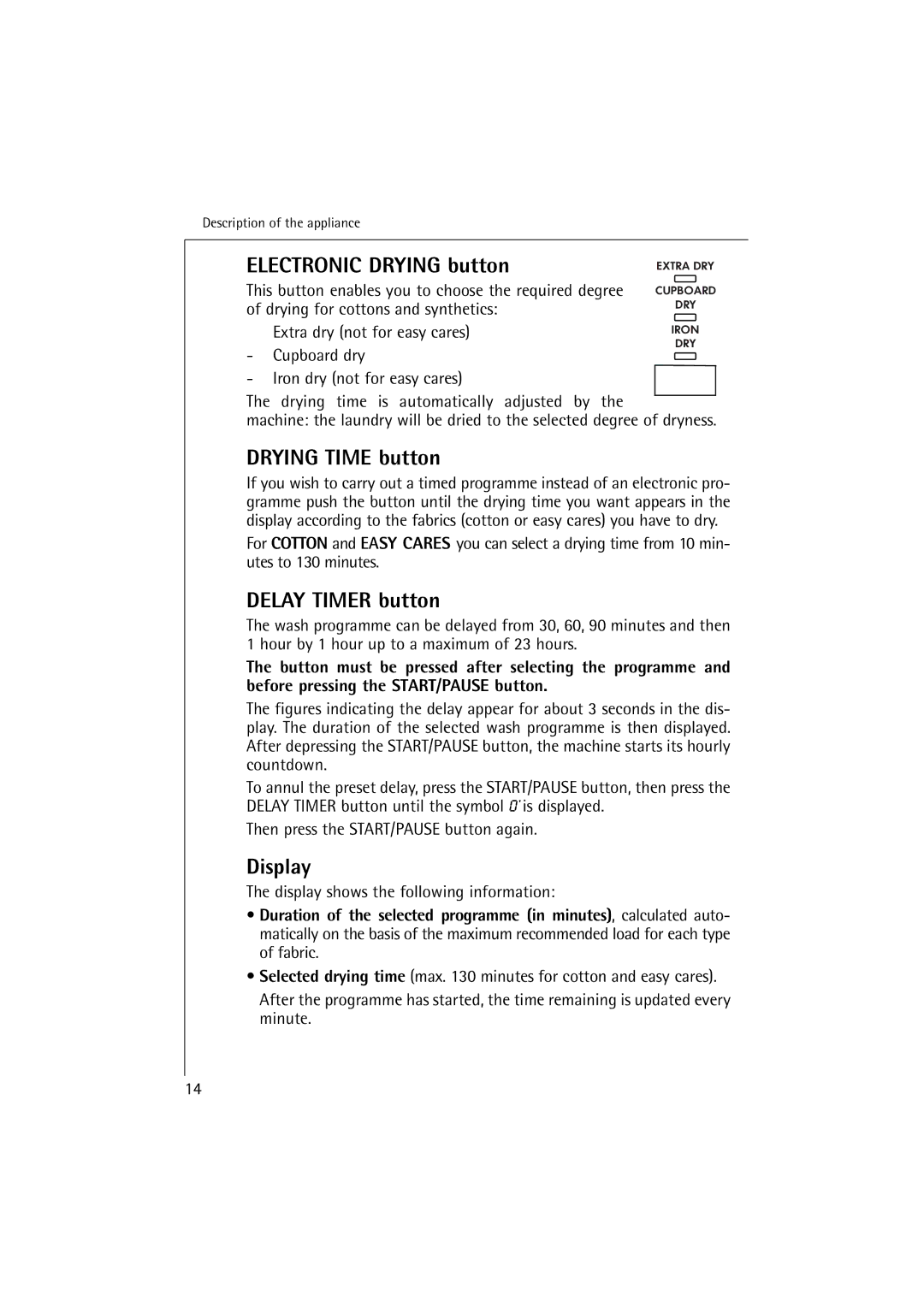 Electrolux 16820 manual Electronic Drying button, Drying Time button, Delay Timer button, Display 