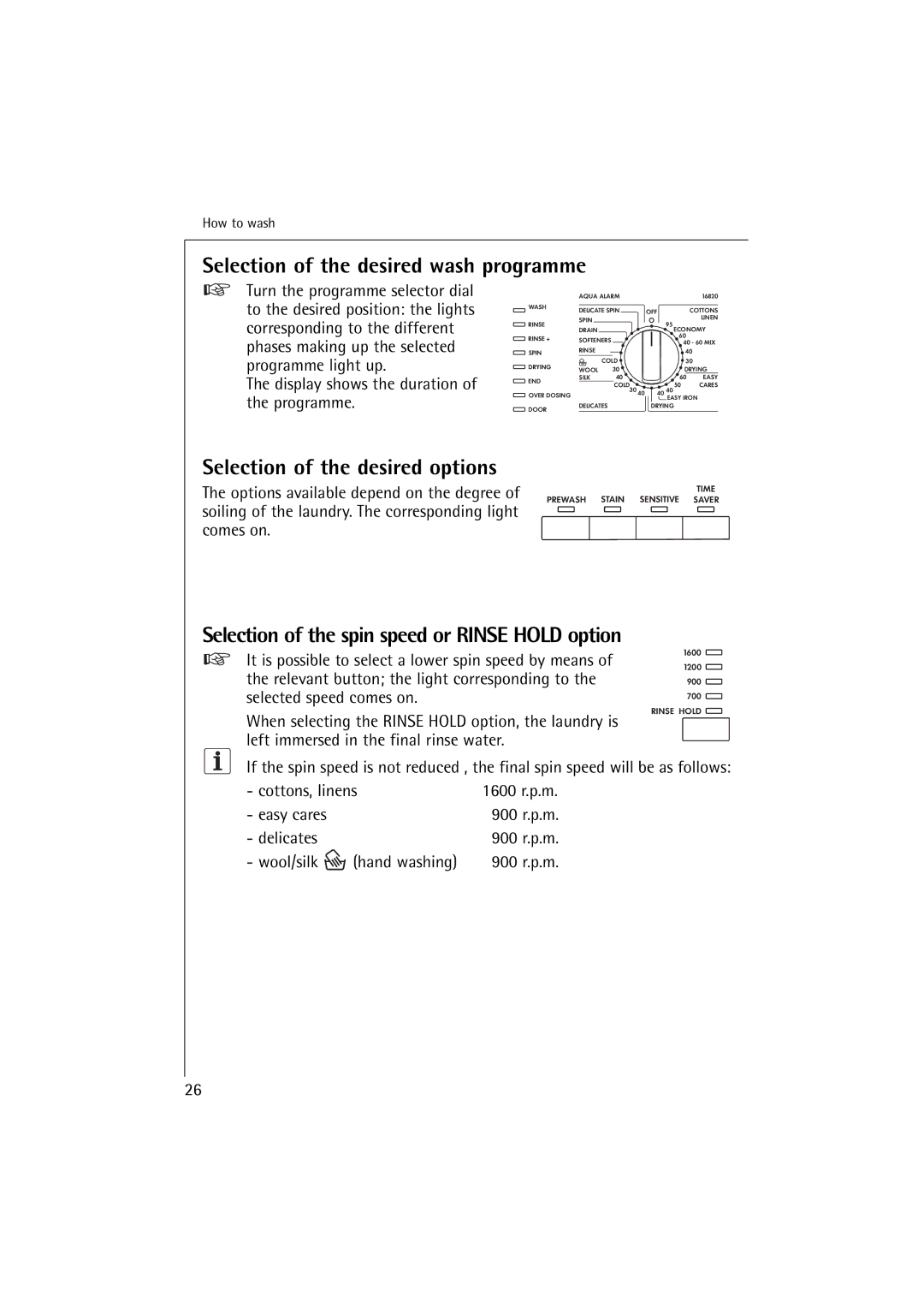 Electrolux 16820 manual Selection of the desired wash programme, Selection of the desired options 