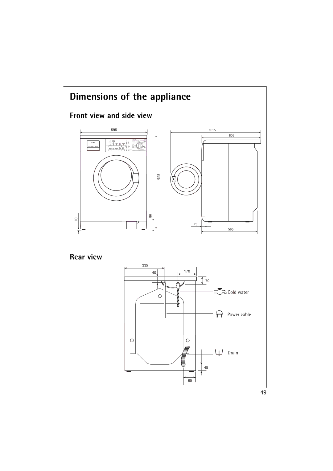 Electrolux 16820 manual Dimensions of the appliance, Front view and side view, Rear view 