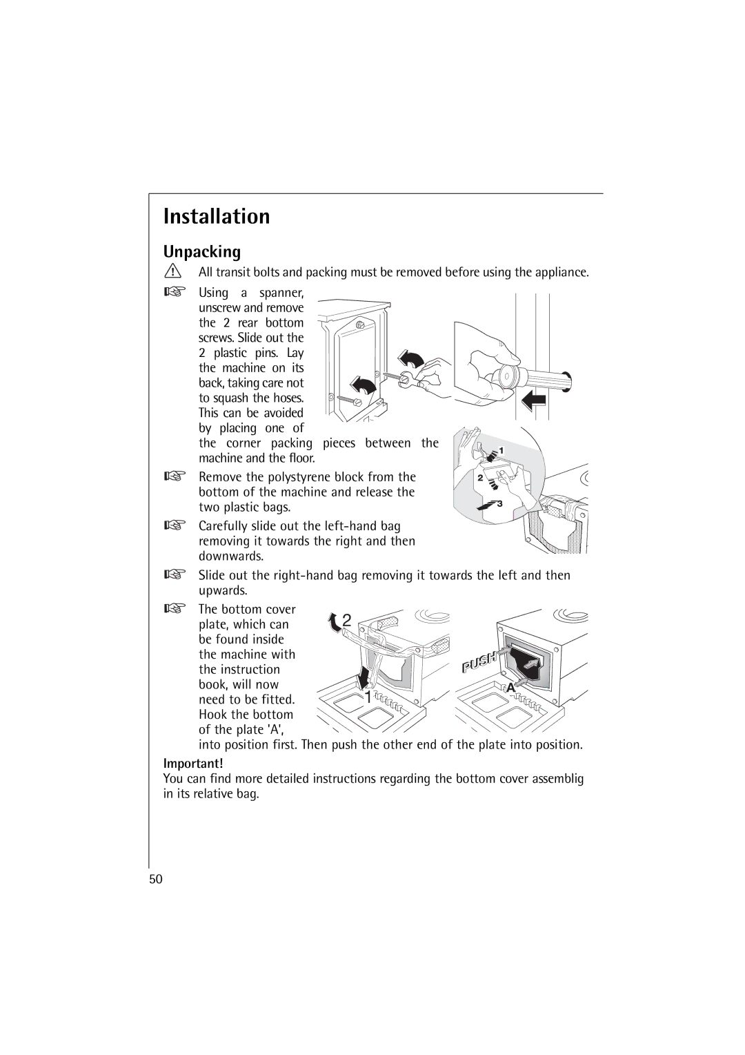 Electrolux 16820 manual Installation, Unpacking, Remove the polystyrene block from, Two plastic bags 