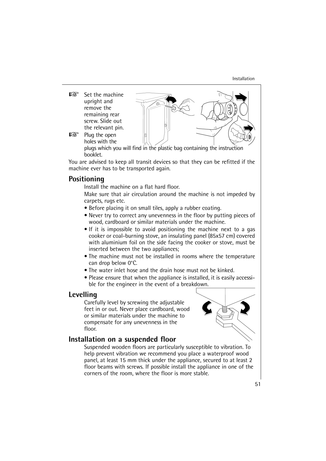 Electrolux 16820 manual Positioning, Levelling, Installation on a suspended floor 