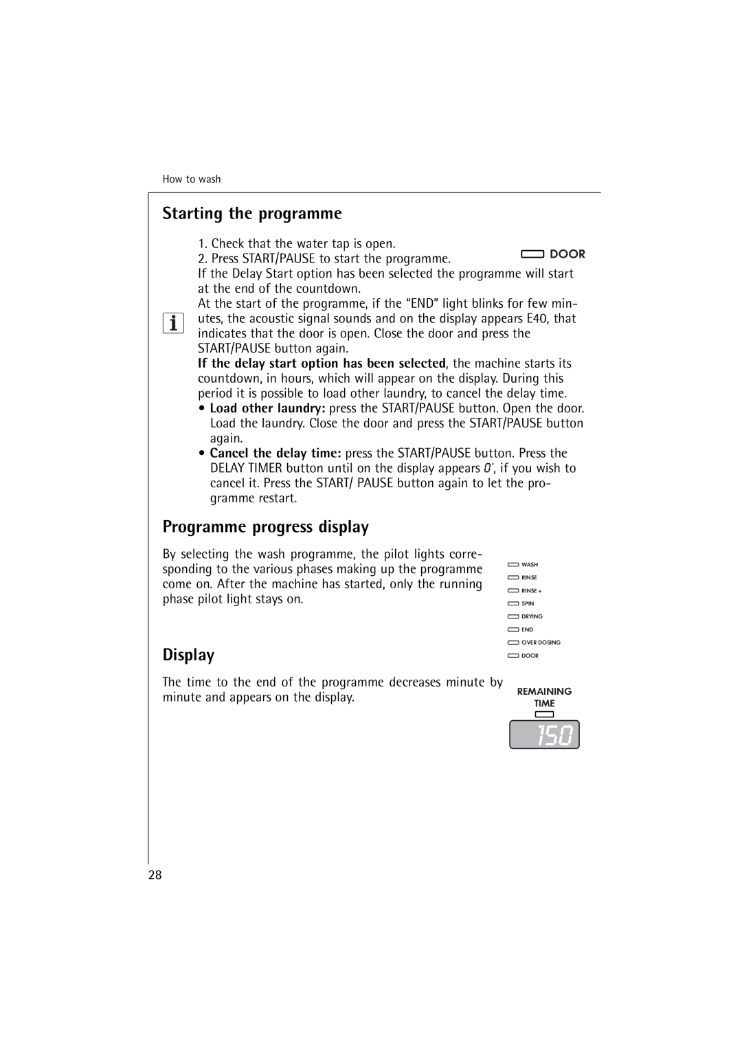 Electrolux 16830 manual Starting the programme, Programme progress display 