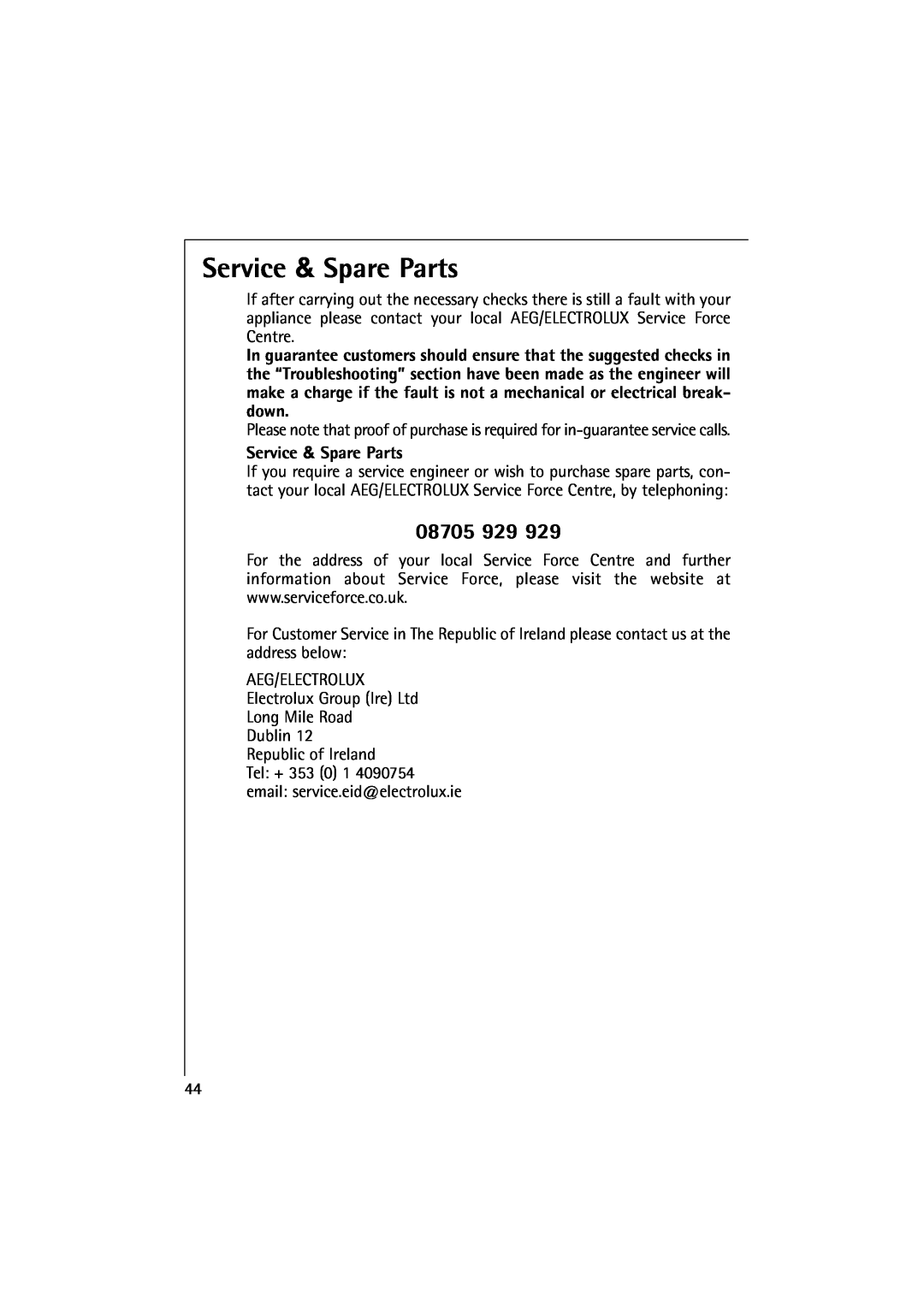 Electrolux 16830 manual Service & Spare Parts, 08705 929 