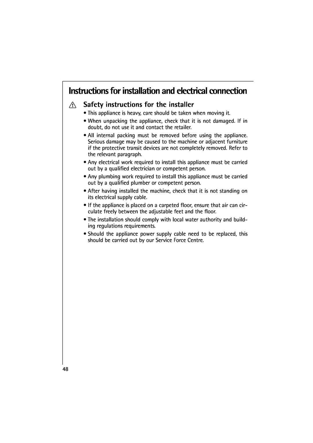 Electrolux 16830 manual Safety instructions for the installer, Instructions for installation and electrical connection 