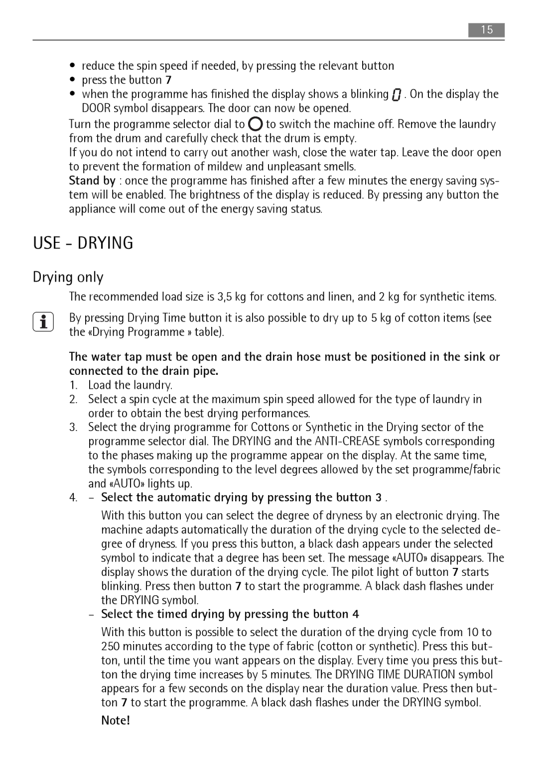 Electrolux 16850A user manual USE Drying, Drying only 