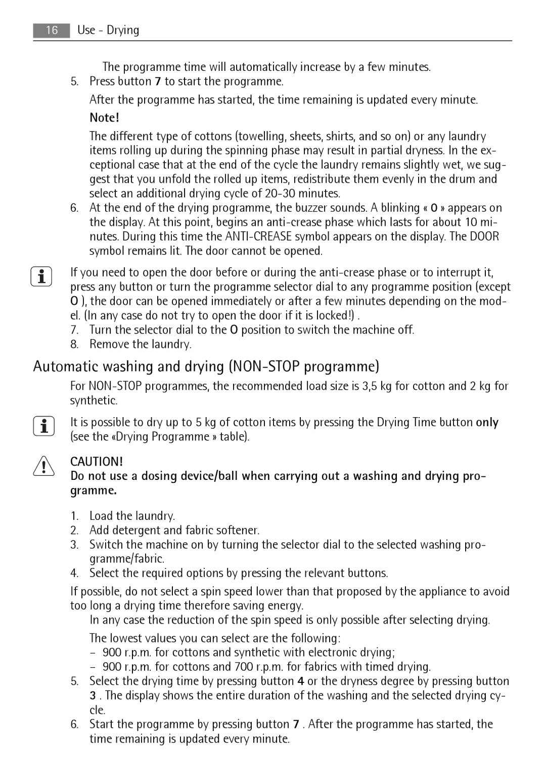 Electrolux 16850A user manual Automatic washing and drying NON-STOP programme 