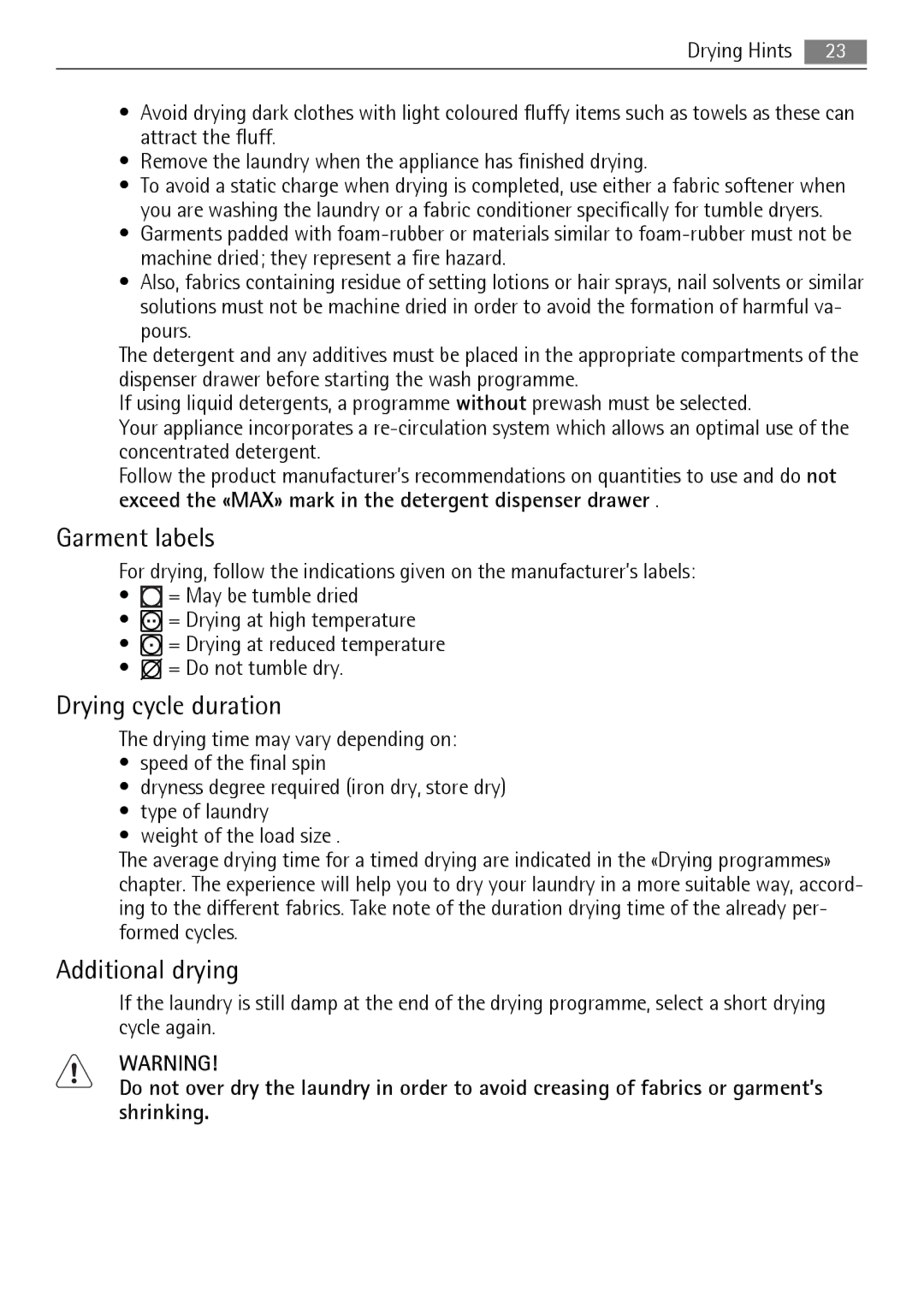 Electrolux 16850A user manual Garment labels, Drying cycle duration, Additional drying 