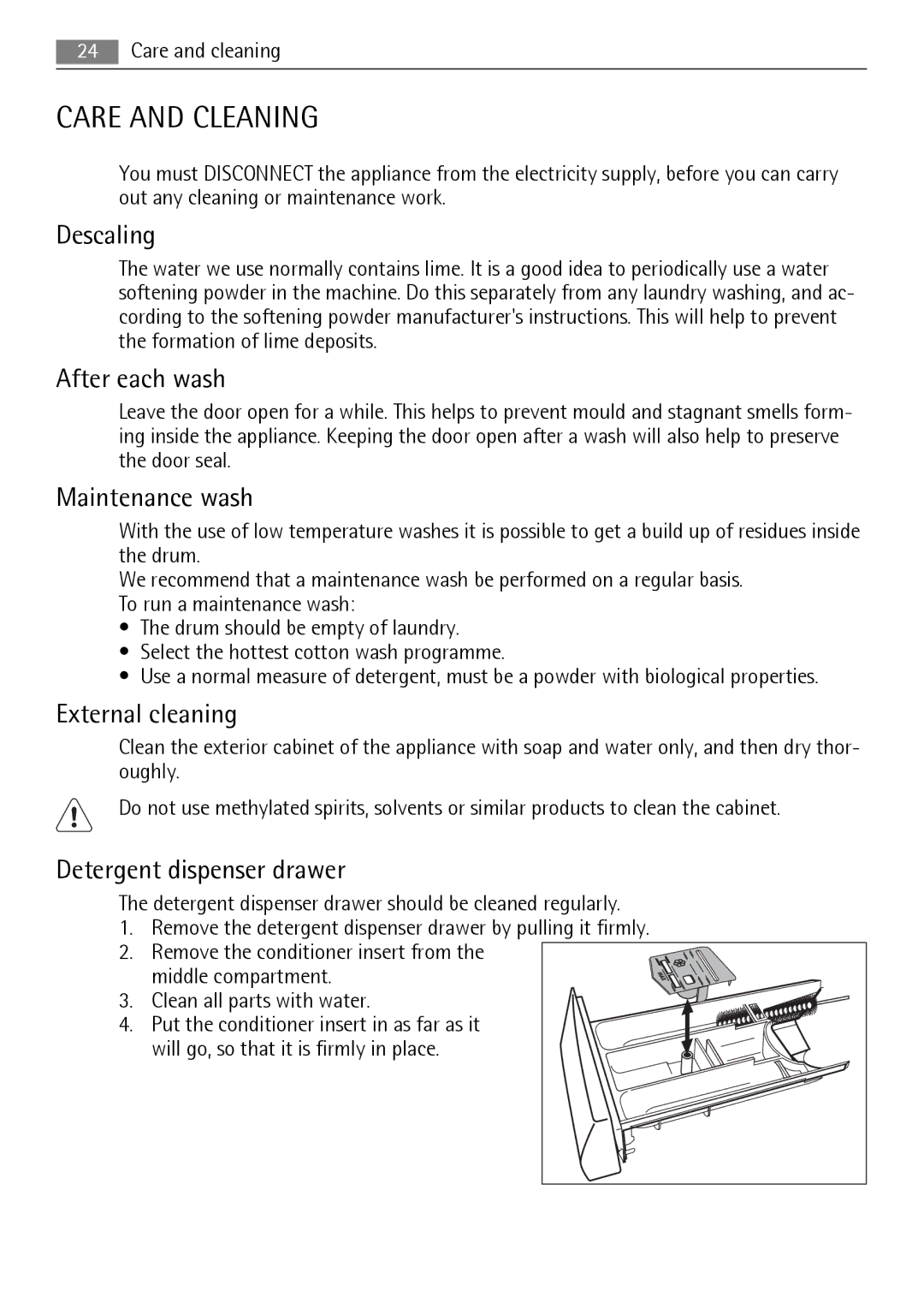 Electrolux 16850A user manual Care and Cleaning, Descaling, After each wash, Maintenance wash, External cleaning 