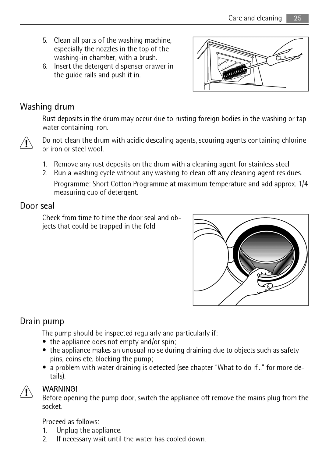 Electrolux 16850A user manual Washing drum, Door seal, Drain pump, Washing-in chamber, with a brush 