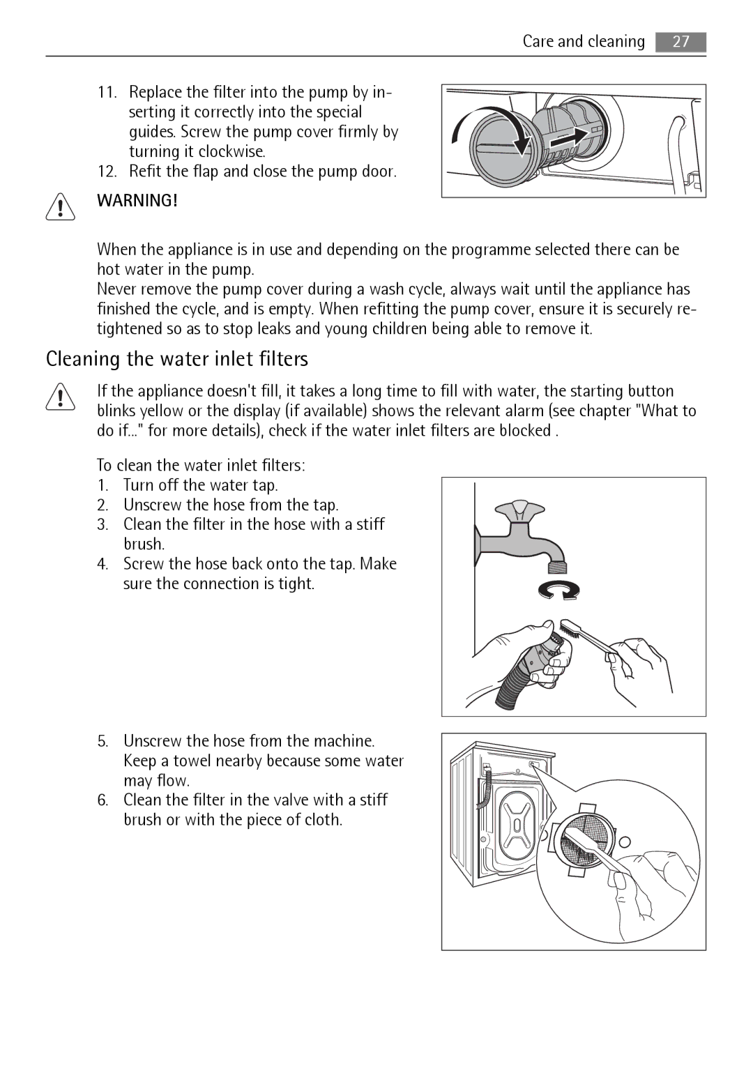 Electrolux 16850A user manual Cleaning the water inlet filters 