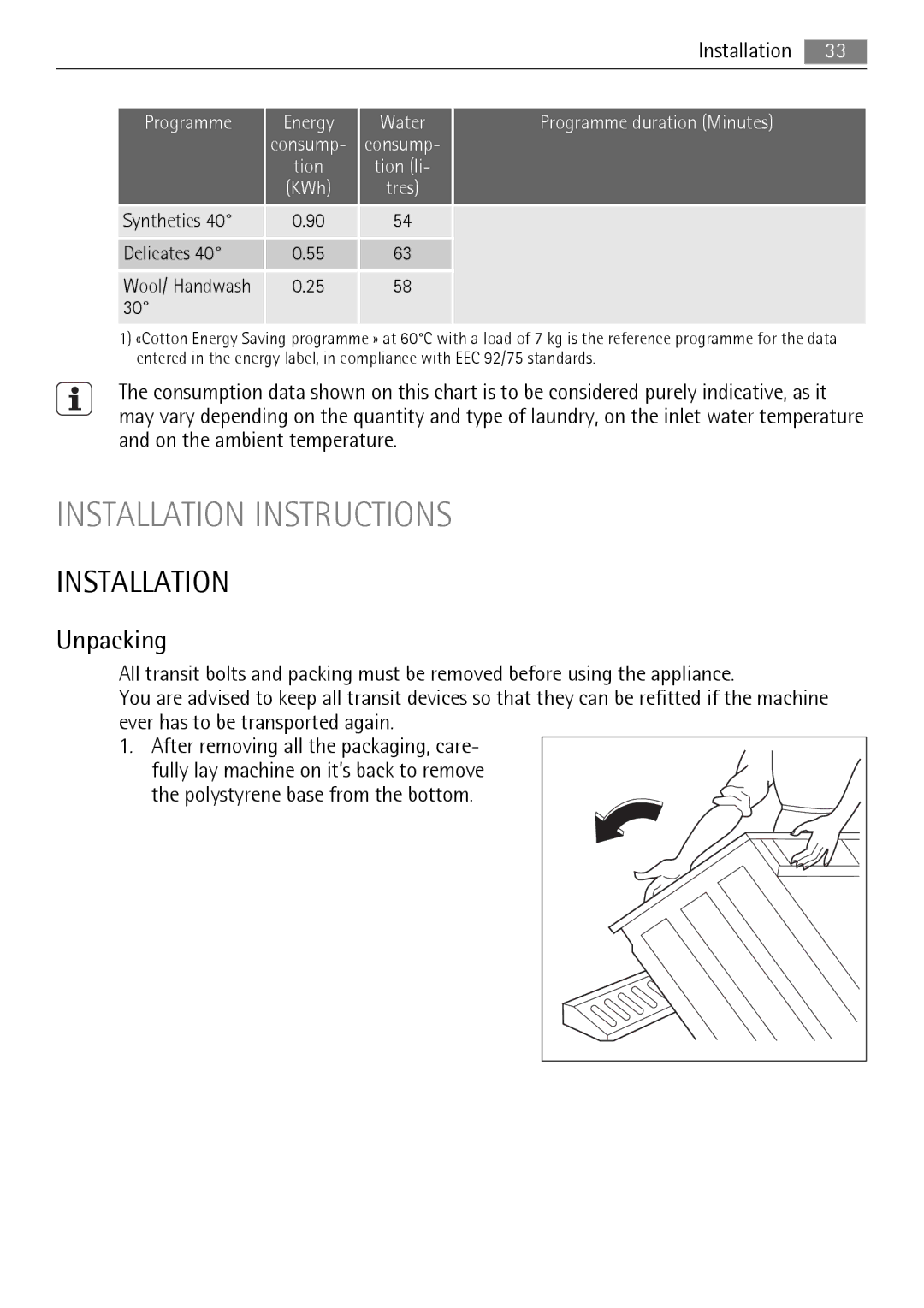 Electrolux 16850A user manual Installation, Unpacking 