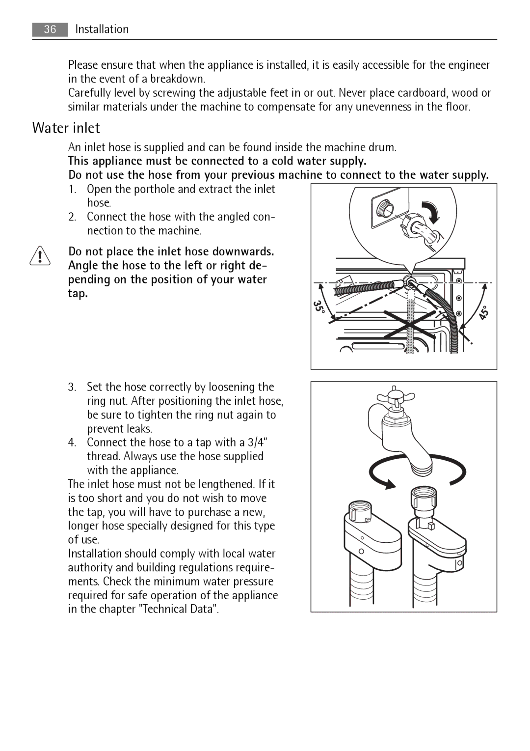 Electrolux 16850A user manual Water inlet, This appliance must be connected to a cold water supply 