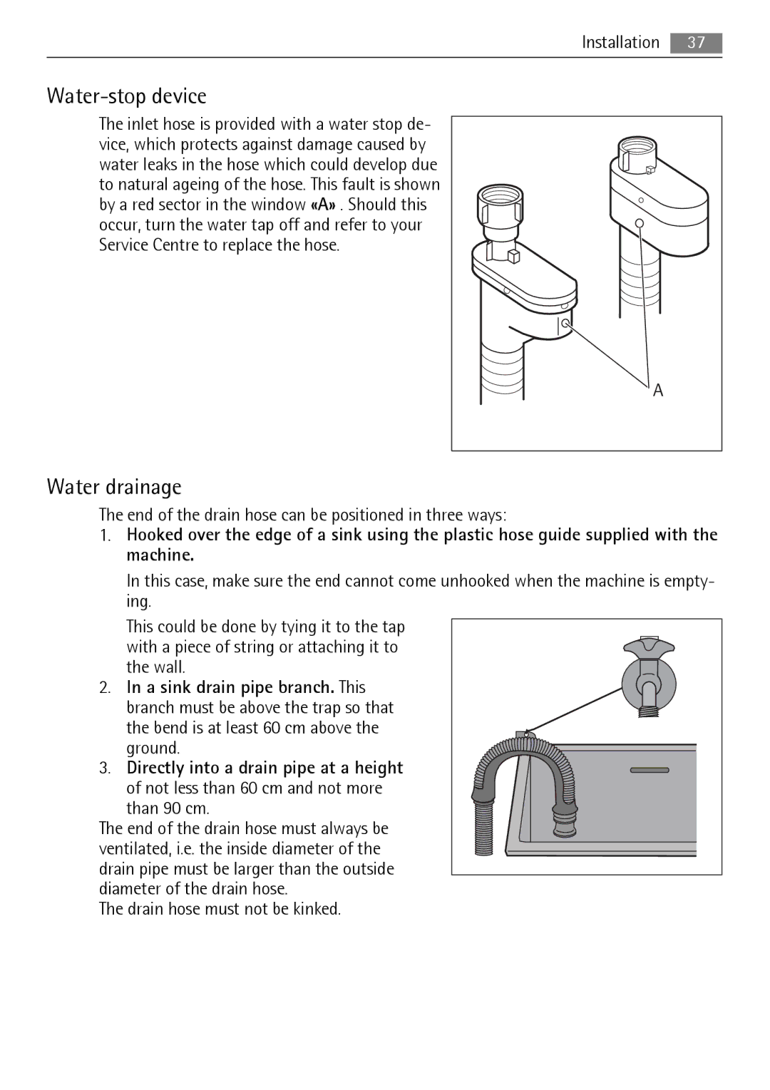 Electrolux 16850A user manual Water-stop device, Water drainage, End of the drain hose can be positioned in three ways 