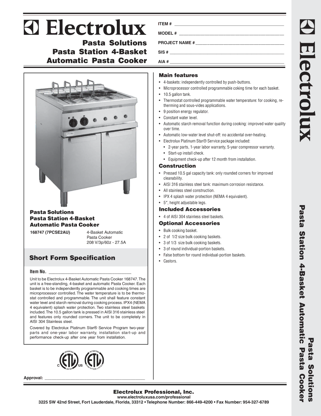 Electrolux 168747 (7PCSE2AU) warranty Pasta Solutions, Pasta Station 4-Basket, Automatic Pasta Cooker, Cooker Solutions 