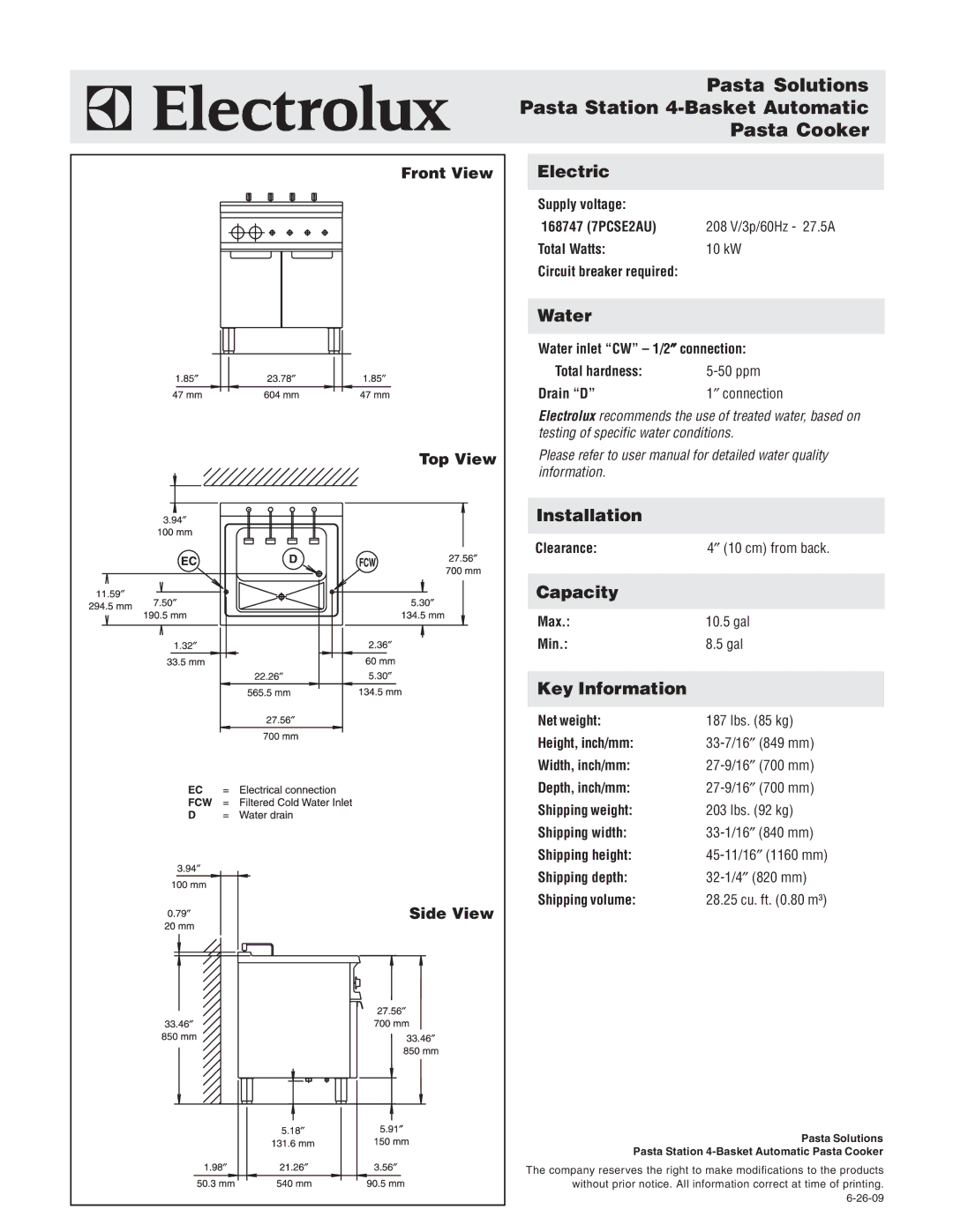 Electrolux 168747 (7PCSE2AU) warranty Electric, Water, Installation, Capacity, Key Information 