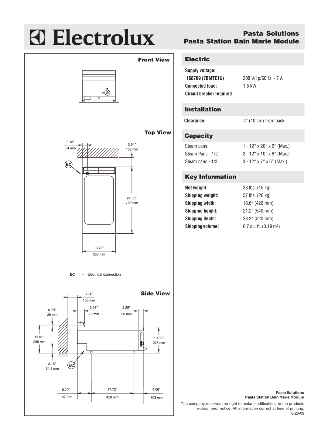 Electrolux 168769 (7BMTE1U) warranty Pasta Solutions Pasta Station Bain Marie Module, Electric, Installation, Capacity 