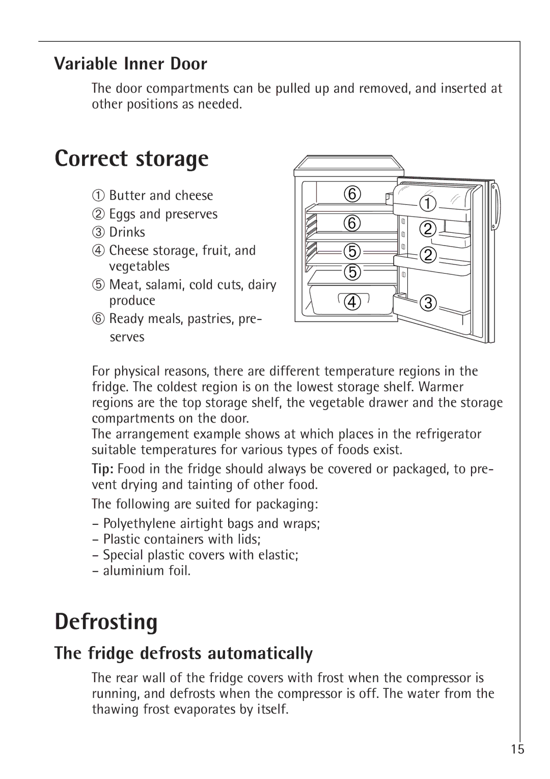 Electrolux 1683-7 TK, 1688-7 TK manual Correct storage, Defrosting, Variable Inner Door, Fridge defrosts automatically 