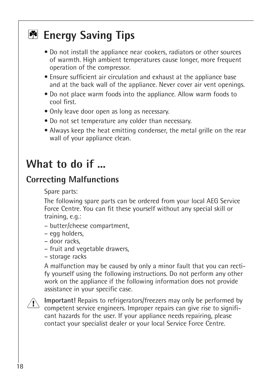 Electrolux 1688-7 TK, 1683-7 TK manual Energy Saving Tips, What to do if, Correcting Malfunctions 