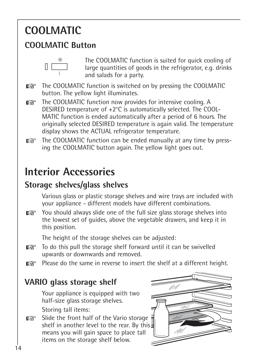 Electrolux 1688-7 TK, 1683-7 TK manual Coolmatic, Interior Accessories, COOLMATIC Button, Storage shelves/glass shelves 