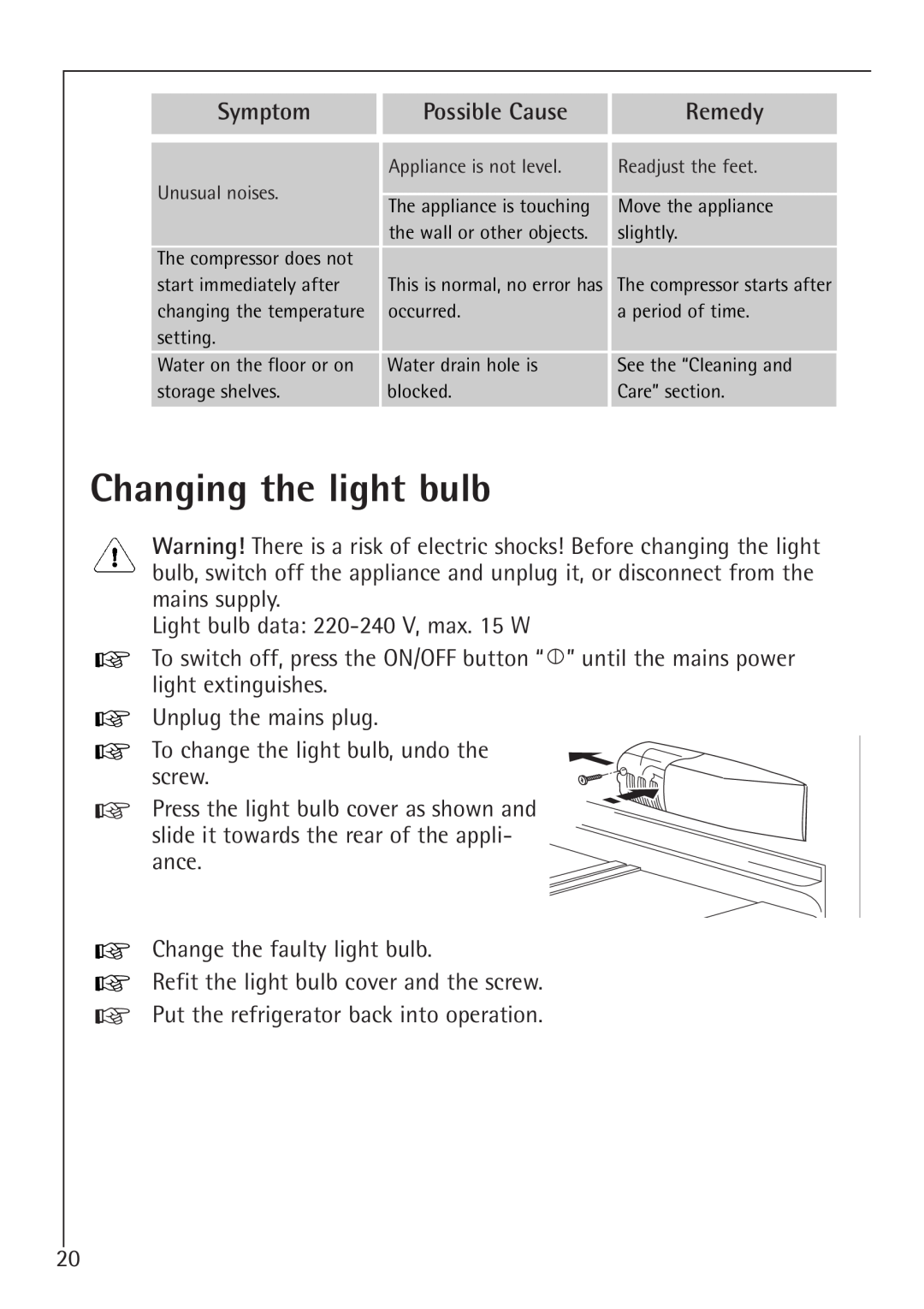 Electrolux 1688-7 TK, 1683-7 TK manual Changing the light bulb, Symptom, Possible Cause, Remedy 
