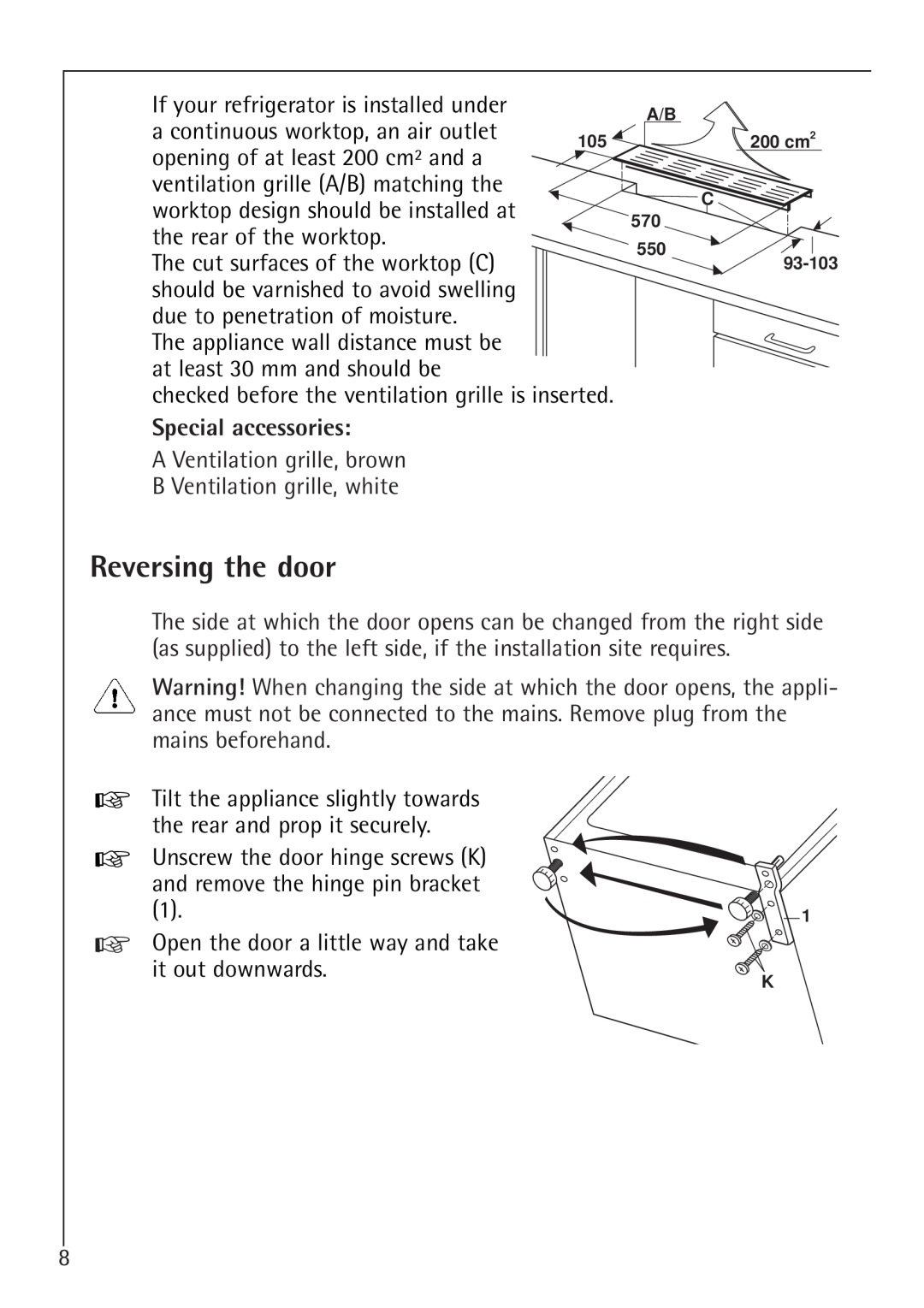 Electrolux 1688-7 TK, 1683-7 TK manual Reversing the door, Special accessories 