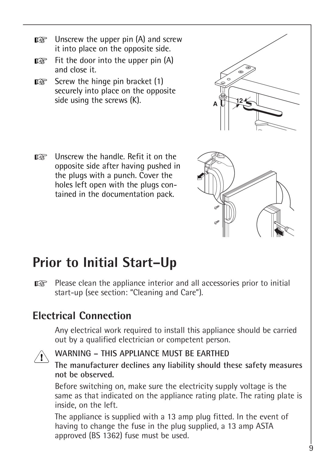 Electrolux 1683-7 TK, 1688-7 TK Prior to Initial Start-Up, Electrical Connection, Warning - This Appliance Must Be Earthed 