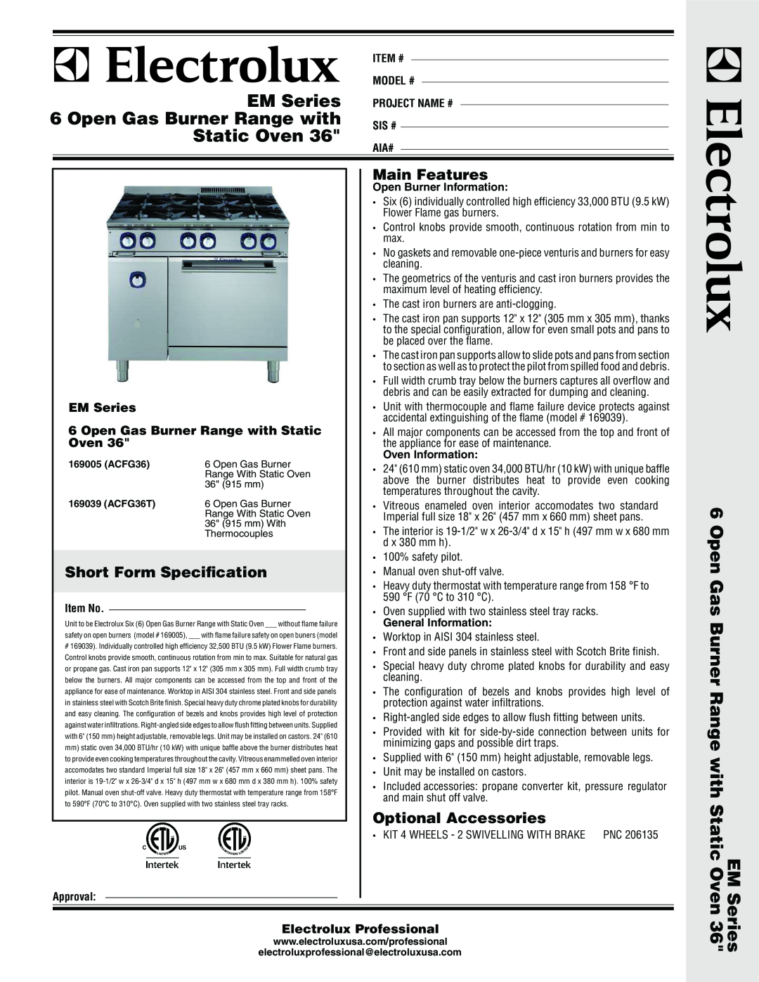 Electrolux 169005 (ACFG36) manual Main Features, Short Form Speciﬁcation, Optional Accessories, EM Series, Oven 