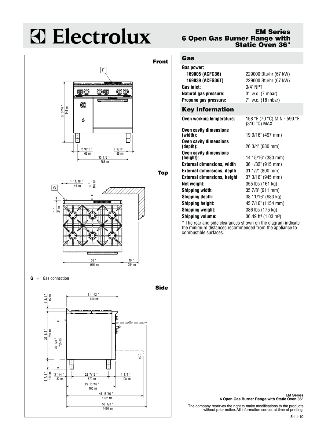 Electrolux 169005 (ACFG36) manual EM Series 6 Open Gas Burner Range with Static Oven, Front, Side, Key Information 