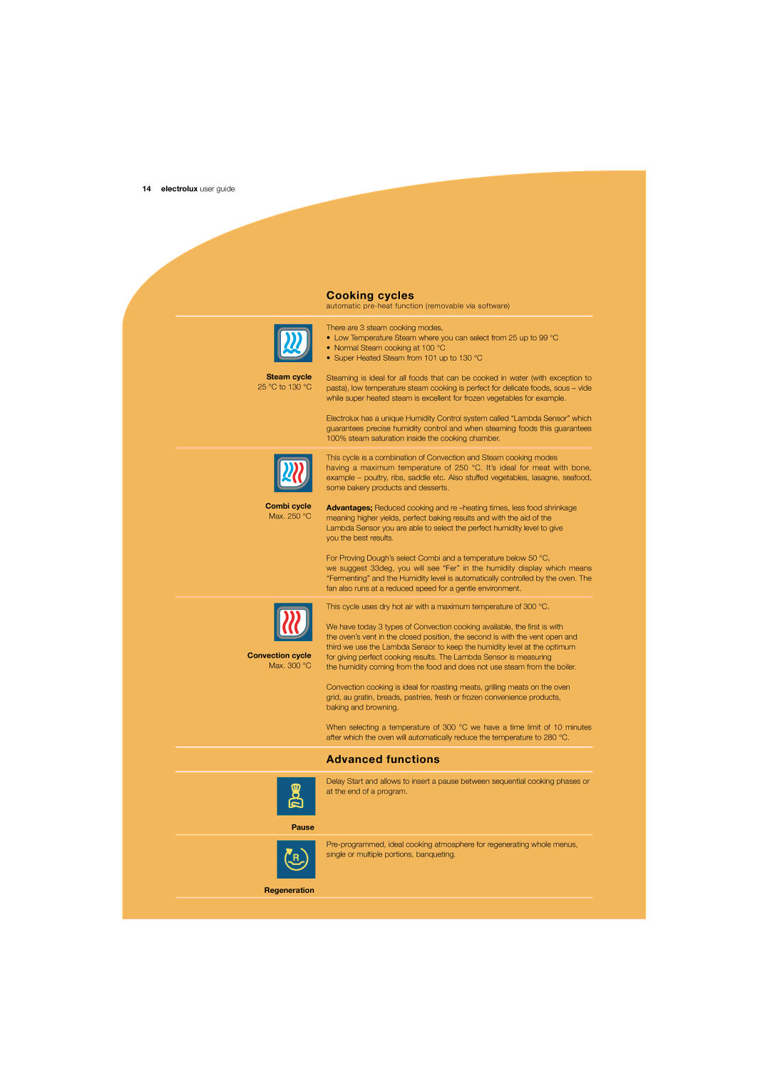 Electrolux 180 manual Cooking cycles, Advanced functions 