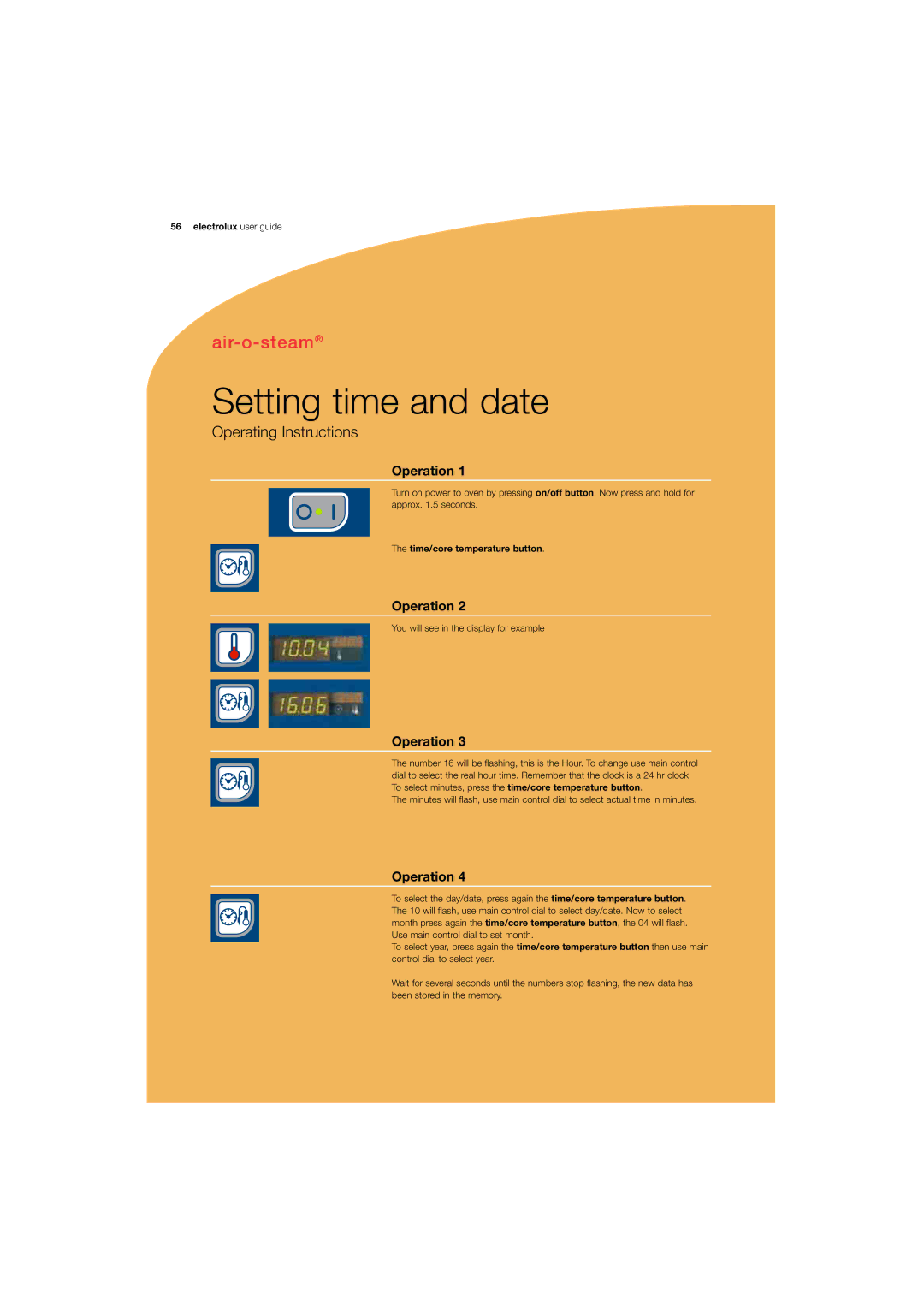 Electrolux 180 manual Setting time and date, Operating Instructions, Operation, Time/core temperature button 