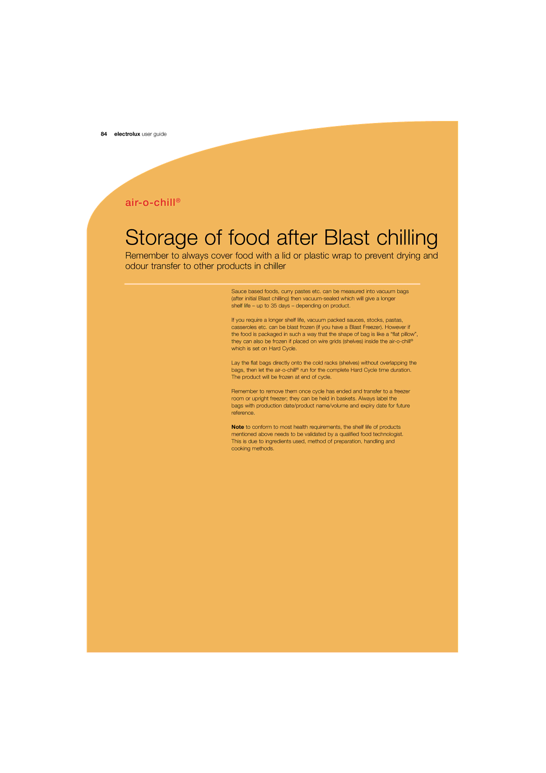 Electrolux 180 manual Storage of food after Blast chilling 