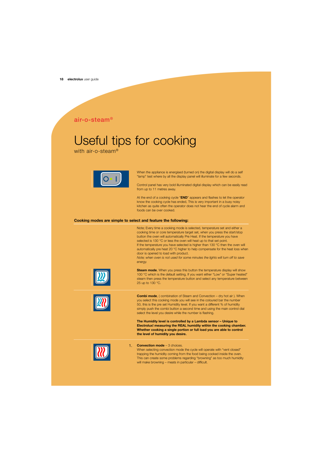 Electrolux 180 manual Useful tips for cooking, with air-o-steam, electrolux user guide, Convection mode - 3 choices 