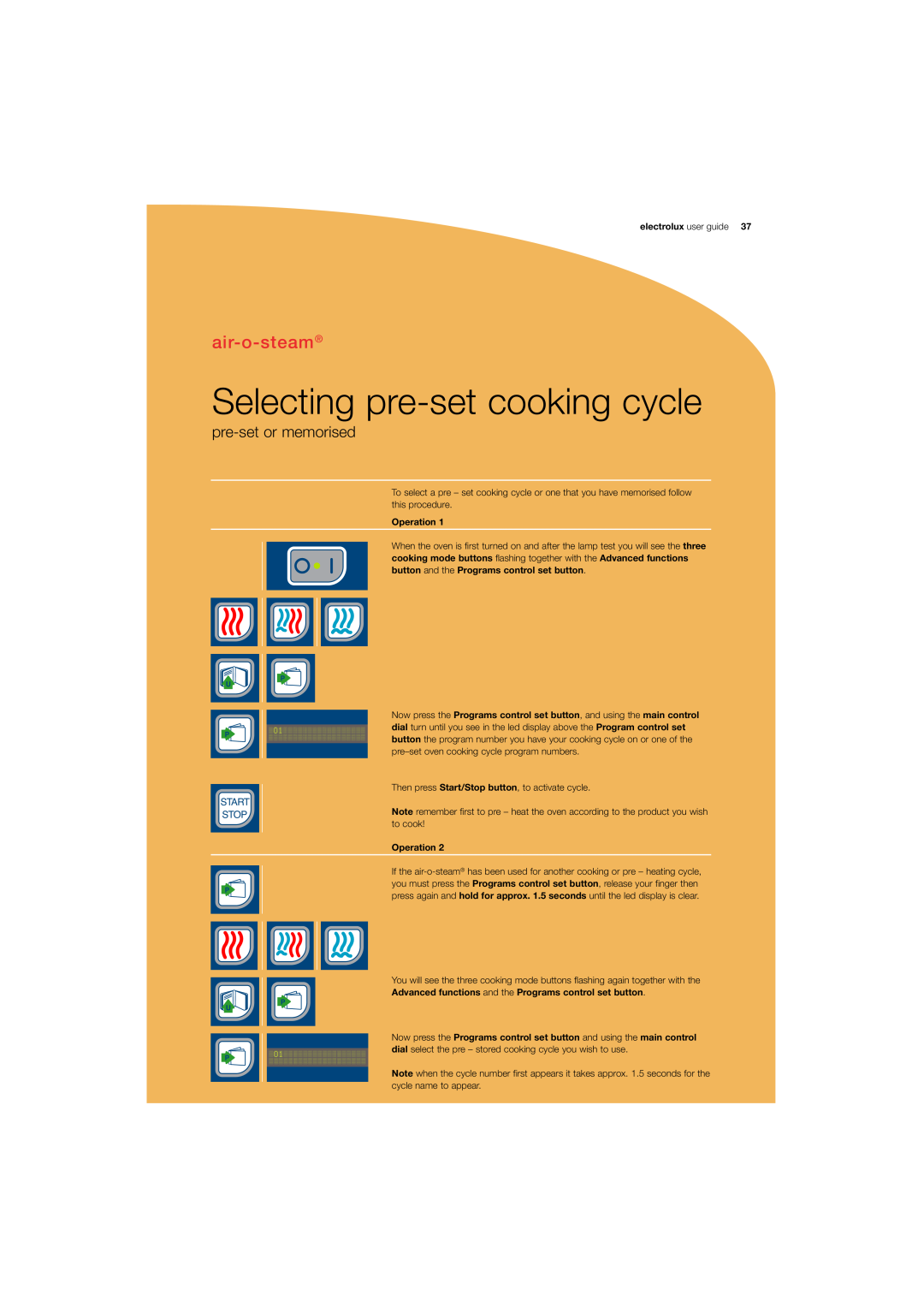 Electrolux 180 manual Selecting pre-set cooking cycle, air-o-steam, pre-set or memorised, electrolux user guide, Operation 