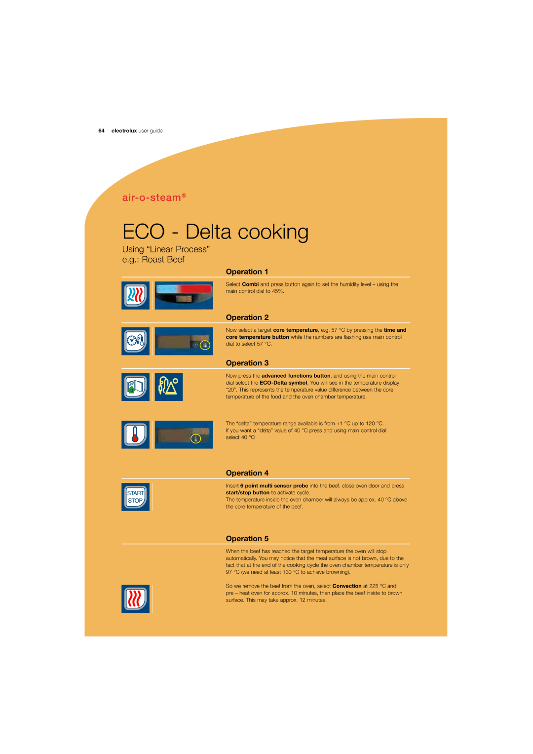 Electrolux 180 manual ECO - Delta cooking, air-o-steam, Using “Linear Process” e.g. Roast Beef, Operation, Start Stop 